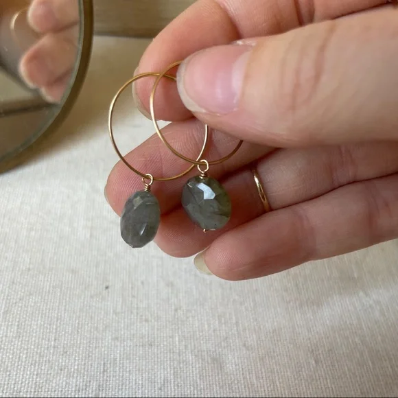 Handmade Labradorite Hoop Earrings 14k gf. Everyday earrings, shower safe! - Picture 6 of 6